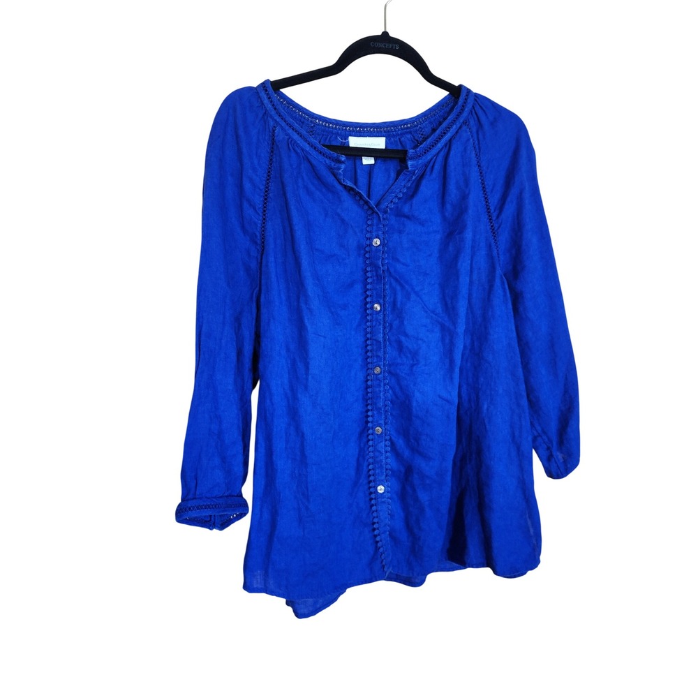Charter Club Women XL Blue Linen Button Front Blouse Crochet Trim Boho Top